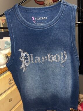 PLAYBOY Blue Rhinestone Logo Tank Top
